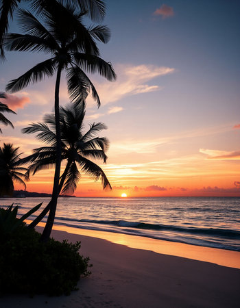 Palm trees on the beach at sunset, beautiful tropical background.