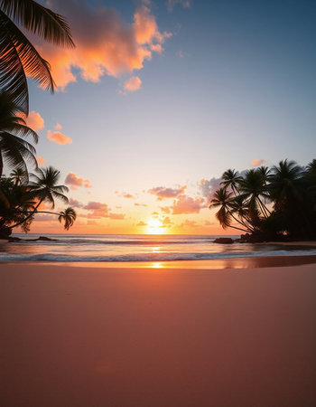 Beautiful tropical beach and sea with coconut palm tree at sunset timeの写真素材