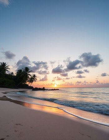 Tropical beach with palm trees at sunset, Seychellesの写真素材