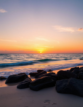 Tropical beach at beautiful sunset time - Holiday Vacation conceptの写真素材