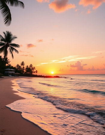 Beautiful tropical beach and sea with coconut palm tree at sunset time - Holiday Vacation conceptの写真素材