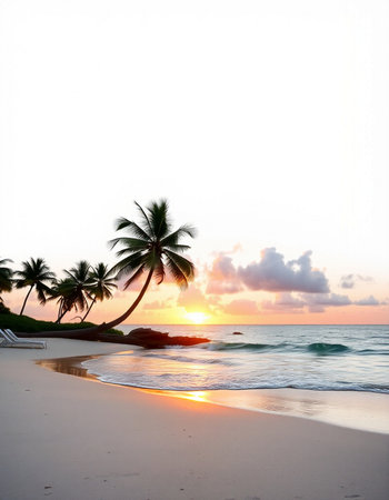 Palm trees on a tropical beach at sunset. Coconut palm trees on the beach.
