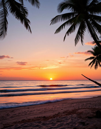 Beautiful sunset on the beach with palm trees silhouettes. Sri Lankaの写真素材