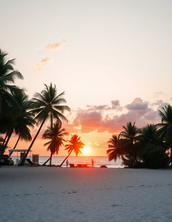 Beautiful tropical beach and sea with coconut palm tree at sunset time - Vintage Filterの写真素材