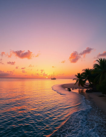 Beautiful sunset on the beach with palm trees and boat in the waterの写真素材