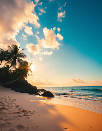 Tropical beach with palm trees at sunset, Seychellesの写真素材