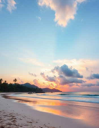 Tropical beach at beautiful sunset in Seychelles.の写真素材