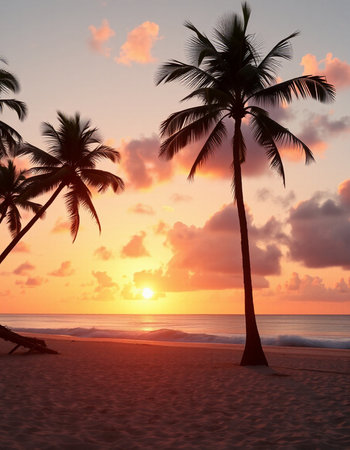 Palm trees on a tropical beach at sunset with beautiful sky.の写真素材
