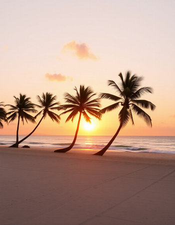 Palm trees on a tropical beach at sunset in the tropicsの写真素材