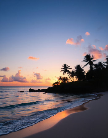 Tropical beach with palm trees at sunset, Seychelles