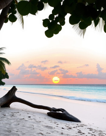 Beautiful tropical beach with coconut palm tree at sunset in Maldives