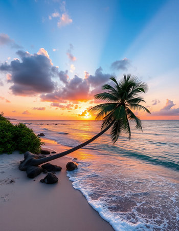 Palm tree on the beach at beautiful sunset, Seychelles
