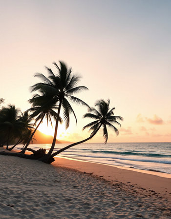 Coconut palm trees on the beach at sunset, Seychellesの写真素材