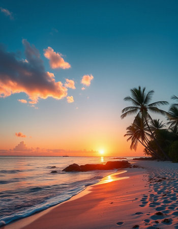 Beautiful tropical beach and sea with coconut palm tree at sunset time