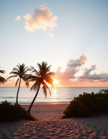 Palm trees on a tropical beach at sunrise.
