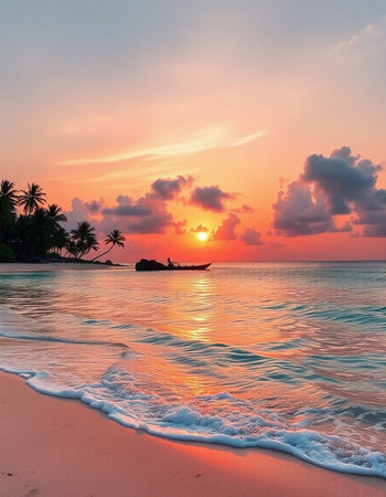 Tropical beach with palm trees at sunset.の写真素材