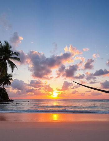 Beautiful sunset on the beach with palm trees. Tropical background.