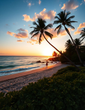 Beautiful sunset over tropical beach with palm trees. Sri Lanka.