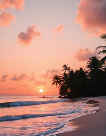 Sunset on the beach of the island of Sri Lanka with palm treesの写真素材