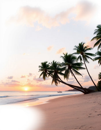 Tropical beach with coconut palm trees at sunset in Sri Lankaの写真素材