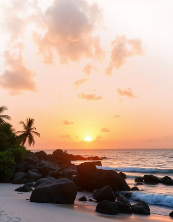 Beautiful tropical beach and sea with coconut palm tree at sunset time