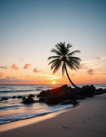 Palm tree on the beach at sunset. Beautiful nature background.の写真素材