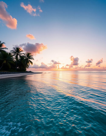 Beautiful sunset on the beach with palm trees and turquoise waterの写真素材