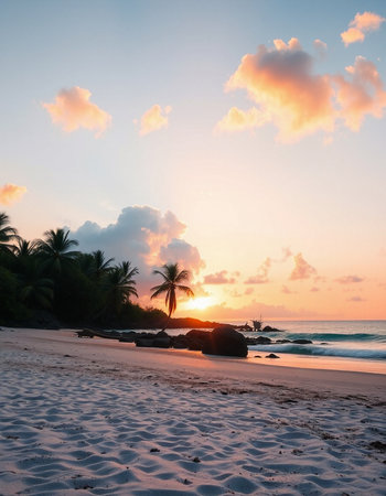 Tropical beach with coconut palm trees at sunset, Seychellesの写真素材