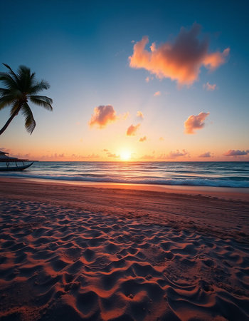 Beautiful tropical beach and sea with coconut palm tree at sunset timeの写真素材