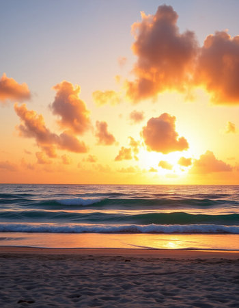 Beautiful sunrise on the beach. Colorful sky and sea.