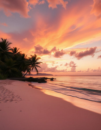 Tropical beach at sunset with palm trees and sand. Seychelles