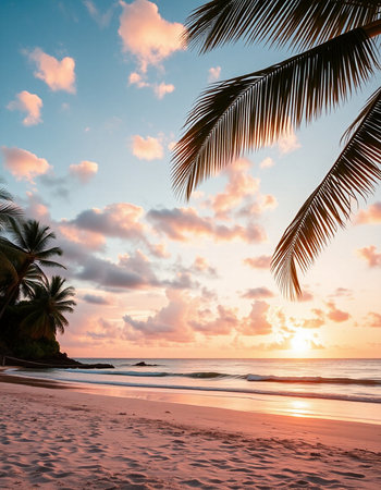 Beautiful tropical beach and sea with coconut palm tree at sunset time - Holiday Vacation concept