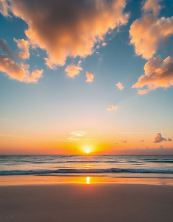 Beautiful sunset on the beach. Colorful sky and sea.の写真素材