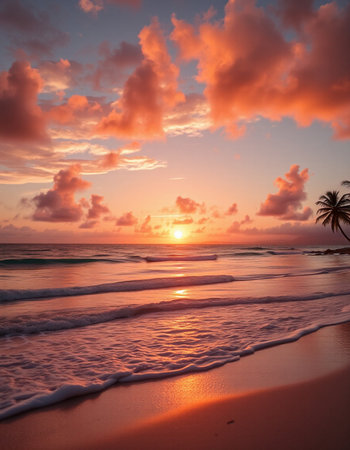 Beautiful sunset on the beach of Playa de las Americas, Dominican Republicの写真素材
