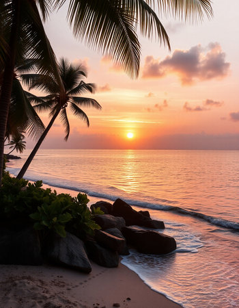 Beautiful sunset on the beach with palm trees and granite rocks.
