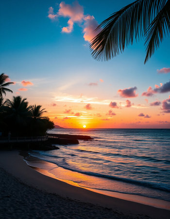 Beautiful tropical beach and sea with coconut palm tree at sunset time - Holiday Vacation conceptの写真素材