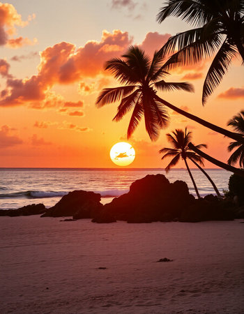 Beautiful sunset at the beach with palm trees. Tropical landscape.