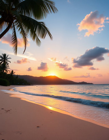 Beautiful sunset on the tropical beach of Seychelles.