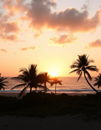 Palm trees silhouetted against a sunset on the beach in Costa Ricaの写真素材