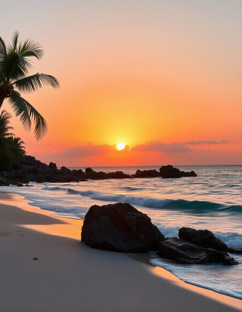 Sunset on the beach with palm trees and rocks in the foreground