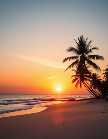 Beautiful tropical sunset on the beach with coconut palm tree - Vintage Filterの写真素材
