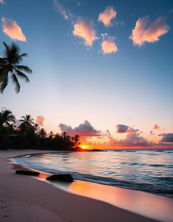 Beautiful sunset on the tropical beach with palm trees and sand.の写真素材