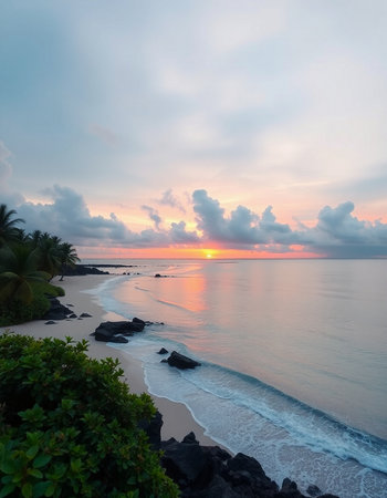 Sunset on the beach at Khao Lak, Phuket, Thailandの写真素材