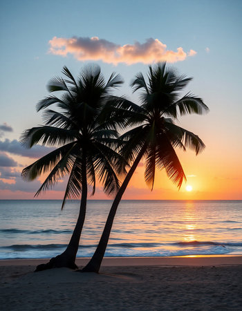 Palm trees silhouetted against a sunset on a tropical beachの写真素材