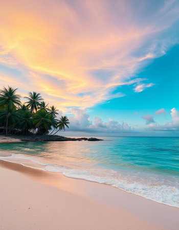 Tropical beach with palm trees at beautiful sunset, Seychellesの写真素材
