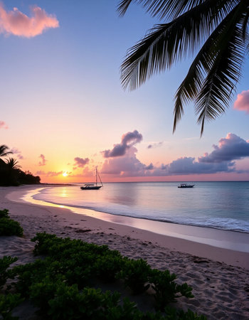 Beautiful sunset on the tropical beach with palm trees and sailboatsの写真素材