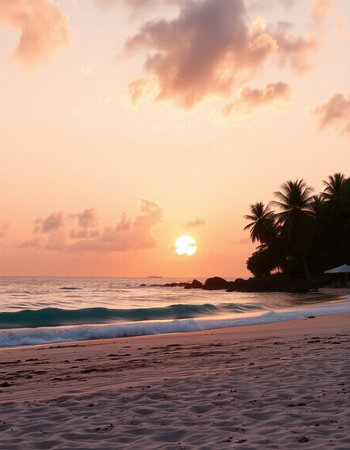 Beautiful sunset on the beach at Seychelles, Maheの写真素材