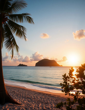 Tropical beach with coconut palm tree at sunset, Seychellesの写真素材