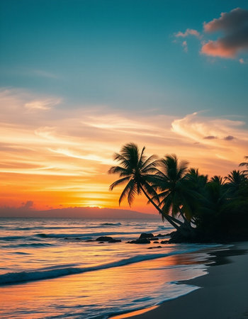 Beautiful sunset on the beach with palm trees. Sri Lanka.の写真素材