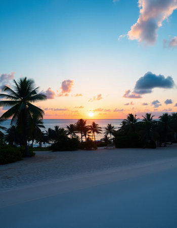 Beautiful tropical beach and sea with coconut palm tree at sunset time for travel and vacationの写真素材